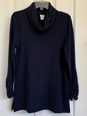 Zenergy By Chicos Tunic Shirt Womens Navy Blue Cowl Neck Stretch Ruched Sleeve 0